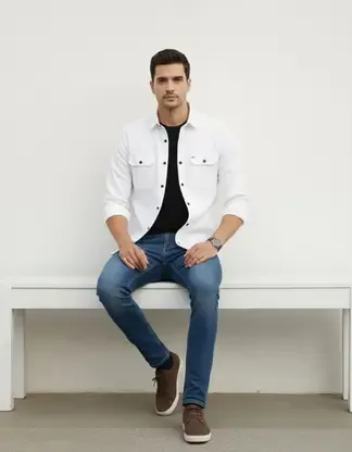 Men Regular Fit Solid Button Down Collar Casual Shirt - White