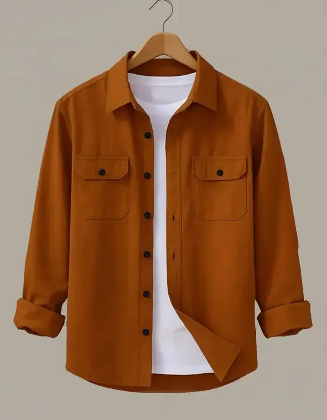 Men Regular Fit Solid Button Down Collar Casual Shirt - Orange